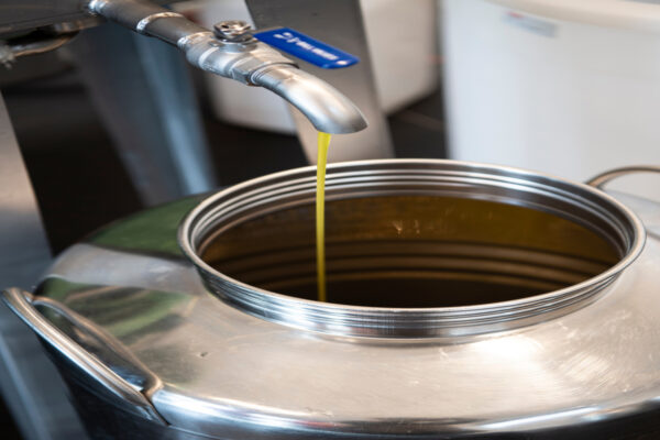 olio di oliva che viene versato in un contenitore di acciaio